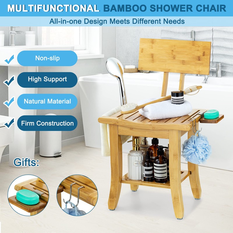 ETECHMART Bamboo Shower Bench with Back and Soap Dish, 2-Tier