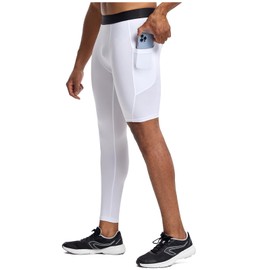 Men's Basketball Single Leg Tight Sports Pants 1/2 One Leg Compression Pants with Pockets Athletic Base Layer (White,XL,X-Large)