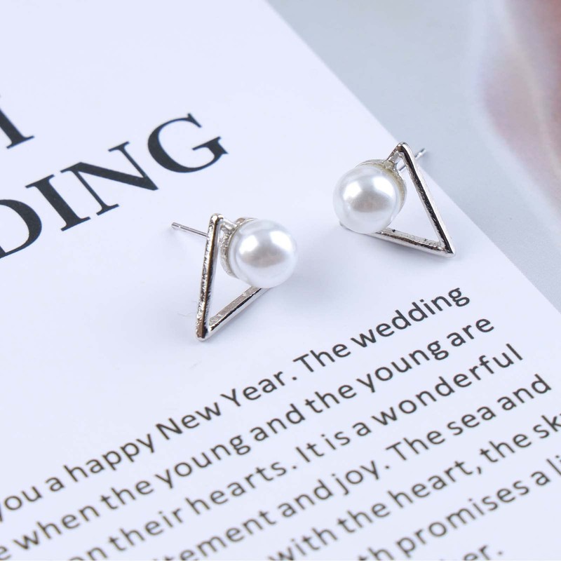 Inilbran Boho Pearl Earrings Silver Triangle Stud Earrings Vintage Pearl