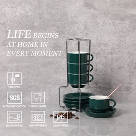 Sweejar Porcelain Espresso Cups with Saucers, 2.5 Ounce Stackable Cappuccino Cups with Metal Stand for Coffee Drinks, Latte, Tea - Set of 4 (Jade)