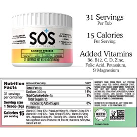 sos SOS Hydration Electrolyte Powder, Rainbow Sherbert Flavor, 31 Servings C Low-Calorie, Zero Sugar, Rapid Rehydration, Made in USA, Keto & Vegan Friendly