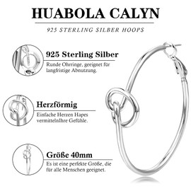 HUABOLA CALYN 925 Sterling Silver Earrings for Women, Ultralight Heart Hoop Medium Earrings, Hypoallergenic Silver Hoop Earrings, 40 mm, Silver