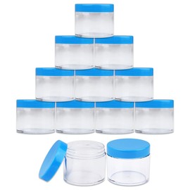 Beauticom 12 PIECES 60 Grams/60 ML (2 Oz) Leak Proof Round Acrylic Container Jars with Screw Cap Lids for Beauty Cosmetic Jewelry Charms Rhinestones (Clear Base with Blue Lids)
