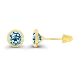 Solid 14K Yellow Gold 6mm Round Natural Sky Blue Topaz December Birthstone Bezel Screw Back Stud Earrings