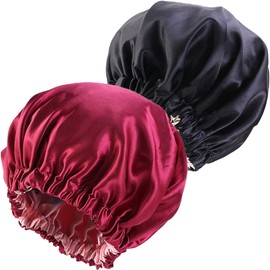 NIXISWAG 2PCS Silk Bonnet Sleep Cap for Curly Hair-Silk Hair Wrap for Sleeping-Bonnet for Women-Satin Bonnet and Hair Cap-Bonnets-Stylish Hair Bonnet with Elastic Band (1-Red & 1-Black)