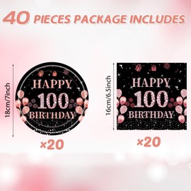 Juhap 100th Birthday Decorations for Men Women, Rose Gold 100 Years Old Birthday Supplies for 20 Guest, 100 Aged Party Tableware Includes 20 Plates and 20 Napkins