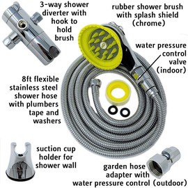 Wondurdog Deluxe Dog Wash Kit for Shower | Chrome Water Sprayer Brush & Rubber Shield w/Water Pressure Control | Indoor and Indoor/Outdoor Versions Available