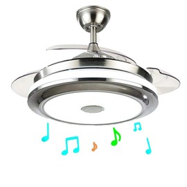 42 Inch Modern Music Ceiling Fan Light with Bluetooth Speaker, Remote Control 3 Color Changes Acrylic Retractable Chandelier Fans Lighting Fixtures with Silent Motor for Living/Dining Room Bedroom