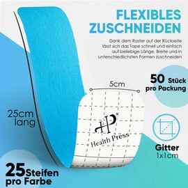 Health Press Kinesiotapes - 50 Kinesiology Tape Strips Precut Blue + Pink (25 cm x 5 cm) Kinesiotape - Professional Physio Tape and Sports Tape - Skin-friendly Tapes Dermatest: Very Good