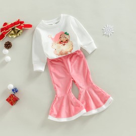 Gueuusu Toddler Baby Girl My 1st Christmas Outfit Santa Baby Long Sleeve Sweatshirt Flared Rib Pants Fall Winter Clothes Set (B-Pink, 12-18 Months)