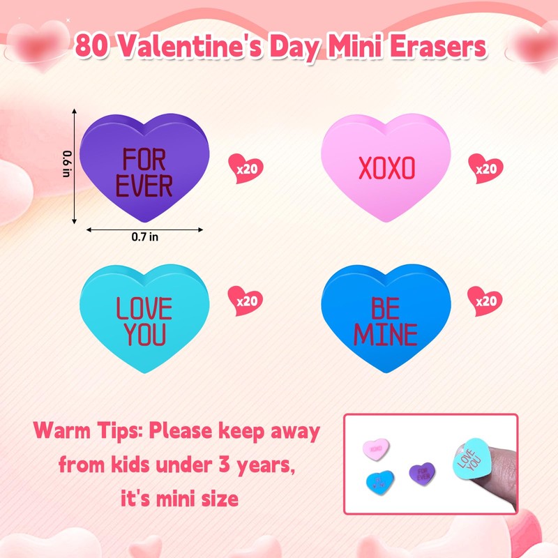 emzrivo 80 Pieces Valentines Erasers Conversation Heart Mini Erasers Bulk