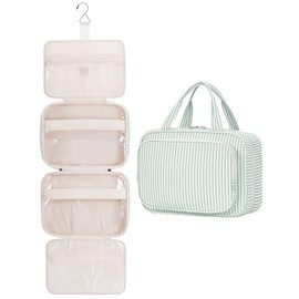 Narwey Large Hanging Travel Toiletry Bag for Women Wash Bag Cosmetics Makeup Bag Organizer for Full Size Accessories (Mint Green Stripe (Large))