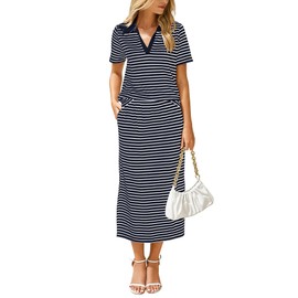 Glamaker Skirt Sets Womens 2 Piece Outfits Casual Striped Summer Short Sleeve Travel Sets for Women Clothing Set (White Navy Blue L)
