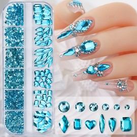 Unikato Rhinestone Nail Stone Nail Parts Stone Nail Stone 3D Flat Bottom Diamond Heart Rectangle Round Nail Art Parts Crystal AB Rhinestone (Light Blue)