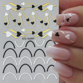 Heart Nail Art Stickers - Valentine's Day Nail Stickers White Black Heart Nail Decals 3D Valentine's Nail Supplies Love Gold-Stamped Lines French Adhesive Decal for Women Girl Nail Decoration 2Sheets