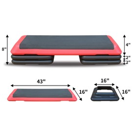 Adjustable Aerobic Step with 4 Risers Fitness Exercise Platform Trainer Workout Step Non-slip Home Gym (Red)