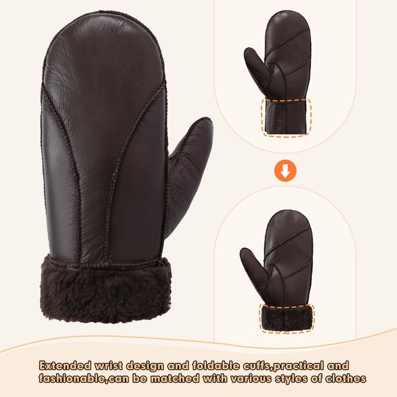 MGGMOKAY Women Leather Mittens Shearling Sheepskin Fur Lined Winter Mitten