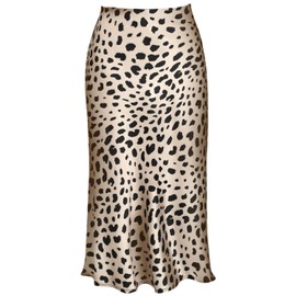 Womens Leopard Print Skirt Midi Long Length Silk Satin High Waist Elastic Skirts S