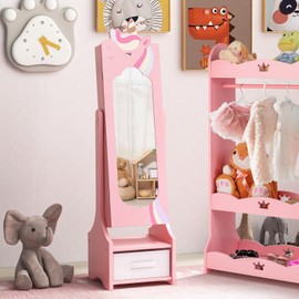 CHARMAID Kids Mirror Jewelry Cabinet - 45.5'' Full Length Mirror with Jewelry Storage, Standing Jewelry Armoire with Drawers, Kids Jewelry Organizer Box Vanity Dressing Mirror for Girls (Pink)