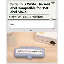 Phomemo D50 White Adhesive Continuous Thermal Label, 20mm*6m, 3 Rolls, Waterproof, Oilproof,Abrasion Resistance