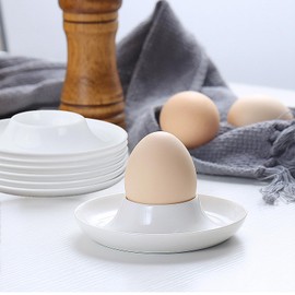 FESSOSKO 6 Pcs Plastic Egg Cups, Round Egg Cup with Stainless Steel Egg Shell Opener, Portable Egg Poacher Cups, Stackable, Smooth and Easy to Clean, Suitable for Kitchen and Restaurant, White