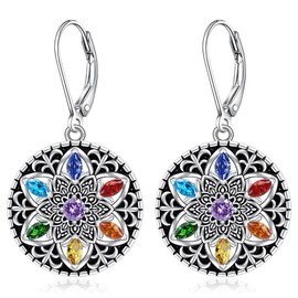 Mandala 7 Chakra Earrings for Women Sterling Silver Lotus Flower Earrings Dangle Drop Chakra Gifts Yoga Mandala Jewelry