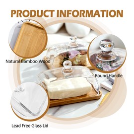 MKLZ Glass Butter Dish with Bamboo Lid, Clear Domed Cheese Dish with Handle, Large Butter Keeper Saver with Cover for Table, Kitchen Countertop, Refrigerator