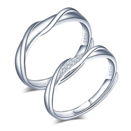 CPSLOVE 925 Sterling Silver Men's and Women's Couple Ringing, Wave-shaped Wedding Rings, Adjustable Size, Valentine's Day, Christmas, Wedding Anniversary Gift, Silver, Cubic Zirconia