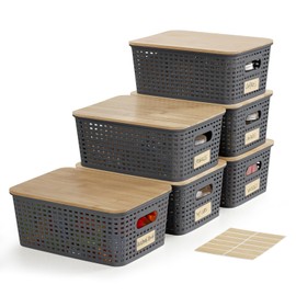 Bagnizer Small Plastic Storage Bins with Bamboo Lids 5.2qt Stackable Box Basket Pantry Decorative Containers Cute with Lable for Organizing Desktop Closet Office Gray of 6 packs 10 * 7.2 * 4.1'’