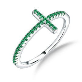 CAIDIKA Womens Stackable Sideways Cross Ring Sterling Silver Full Created Emerald Eternity Band Ring for Her May Birthstone Rings, Size 10