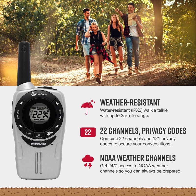 Cobra ACXT360 Water Resistant Walkie Talkies – Rechargeable, 22 Channels,