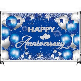 6x3.6ft Happy Anniversary Backdrop,Blue and Silver Happy Wedding Anniversary Party Banner Decorations Supplies Photo Booth Props (Blue and Silver -H)