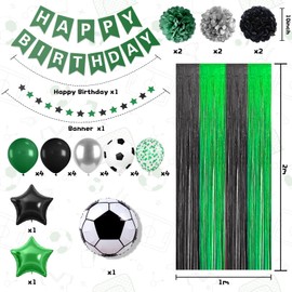 Soccer Party Decorations,Soccer Sports Theme Birthday Decorations,Include Green Black Party Balloons Happy Birthday Banner Fringe Curtain Tissue Paper Pompoms Garland