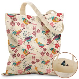 Miss Adola Canvas Tote Bag for Women - Aesthetic Canvas Totes with Pockets Cute Funny Design Ladies Reusable Cloths Shoulder Bag for Shopping Daily Work Casual, Floral Bird