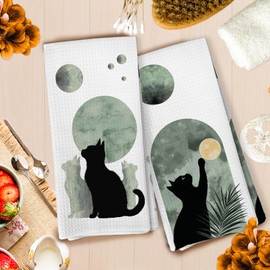 Zeuiwr Boho Black Cat Kitchen Towels Set of 4, Sage Green Mid Century Modern Abstract Botanical Decorative Hand Towel for Bathroom, Black Cat Gifts Dish Tea Towels for Kitchen Decor, 16x24 Inch