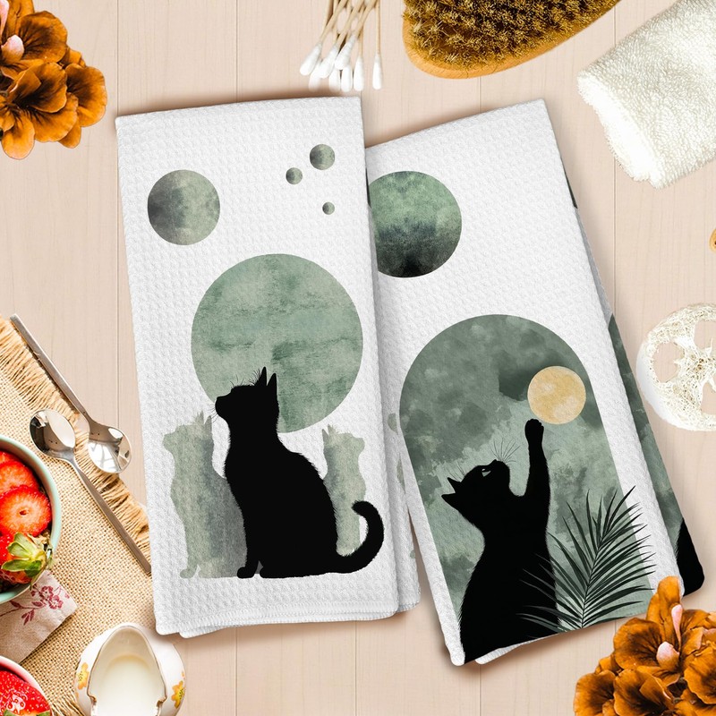 Zeuiwr Boho Black Cat Kitchen Towels Set of 4, Sage