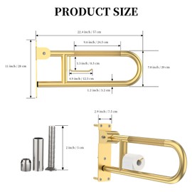 Toilet Grab Bar 22.4 Inch, YuanDe Flip Up Grab Bar with Paper Holder, Brushed Gold Anti-Slip Safety Bars for Toilet, Stainless Steel Knurled Toilet Handles for Seniors Disabled Elderly Pregnant