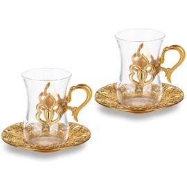 Alisveristime (SET OF 2 Turkish Tea Set with Zamac Holders, Glass Cups, and Saucers – 100ml Capacity, Ottoman Style in Gold and Silver (Gold)