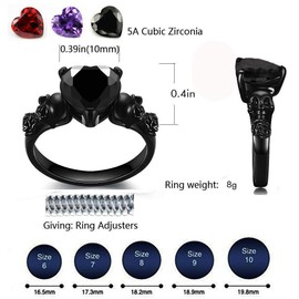 Gothic Skull Black Rose Flower Rings Women Purple Red Love Heart Zircon Crystal Valentine's Day Anniversary Engagement Mother's Day Gift Party Biker Jewelry (Black, 6)