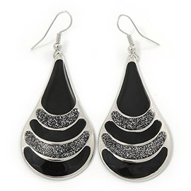 Black Enamel With Glitter Element Teardrop Earrings In Silver Tone - 65mm L