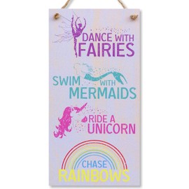 CARISPIBET Dance with Fairies Ride a Unicorn Swim with Mermaids | Home Decor, Signs for Children's Room, Wall Art 12x6''