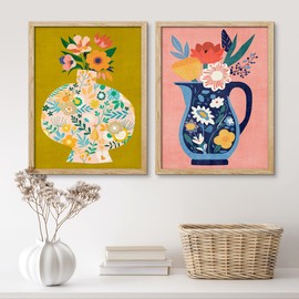 SIGNWIN Framed Sunflower Colorful Flower Vase Wall Art, Set of 2 Floral Botanical Wall Décor Prints, Nature Wilderness Wall Décor for Living Room, Bedroom - 12"x16" Natural