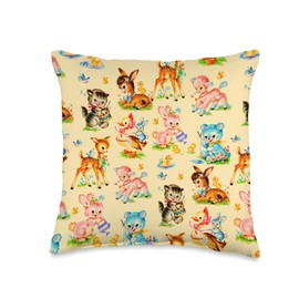 Vintage Baby Animals Retro Nursery Animals Dollette Yellow Throw Pillow