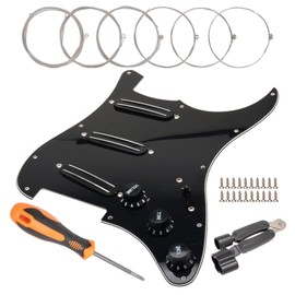 Jiuwu 11 Hole SSS Electric Guitar Pickguard with 3 in 1 Guitar String Winder and Guitar String Set for Fender Strat Part Replacement (Black, Silver Screws Included)