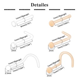 QWALIT Clear Nose Rings Studs L Shape Piercing Retainer Flexible Nose Bone Flesh Skin Color Nostril Piercing Retainer for Work 18g 20g Flat Top
