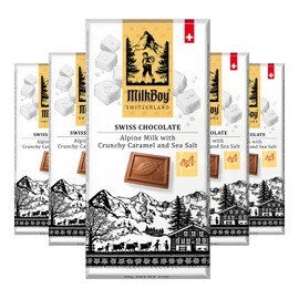 Milkboy Swiss Milk Chocolates - Alpine Milk Chocolate Bars with Crunchy Caramel Sea Salt - Gluten-Free Non-GMO All Natural - Made in Switzerland - 3 oz, Pack 5