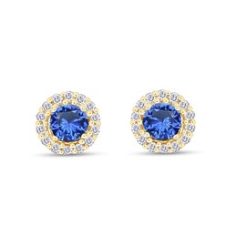 Blue Sapphire September Birthstone and White Cubic Zirconia Stud Earrings In 14k Yellow Gold Over Sterling Silver with Jackets