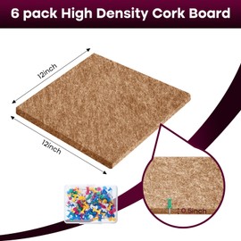Bouiexye Felt Cork Board Tiles 6 Pack Grey Brown Boards 12"x12" - 1/2" Thick Corkboards for Wall Bulletin Board Self Adhesive with 100 Push Pins for Wall School Home Office