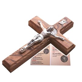 Holy Land Market Saint Benedict Wall Crucifix - Handmade Holy Land Olive Wood Cross & Saint Benedict Medals and Metal Corpus, 15 Inches