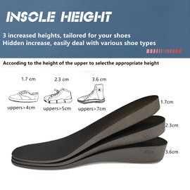 Height Increase Insoles, Elevator Shoes Insoles for Shoes Too Large, 1.7cm/2.3cm/3.6cm Elevated Invisible Height Heels Inserts, Comfortable Breathable Replacement Insoles for Shoes